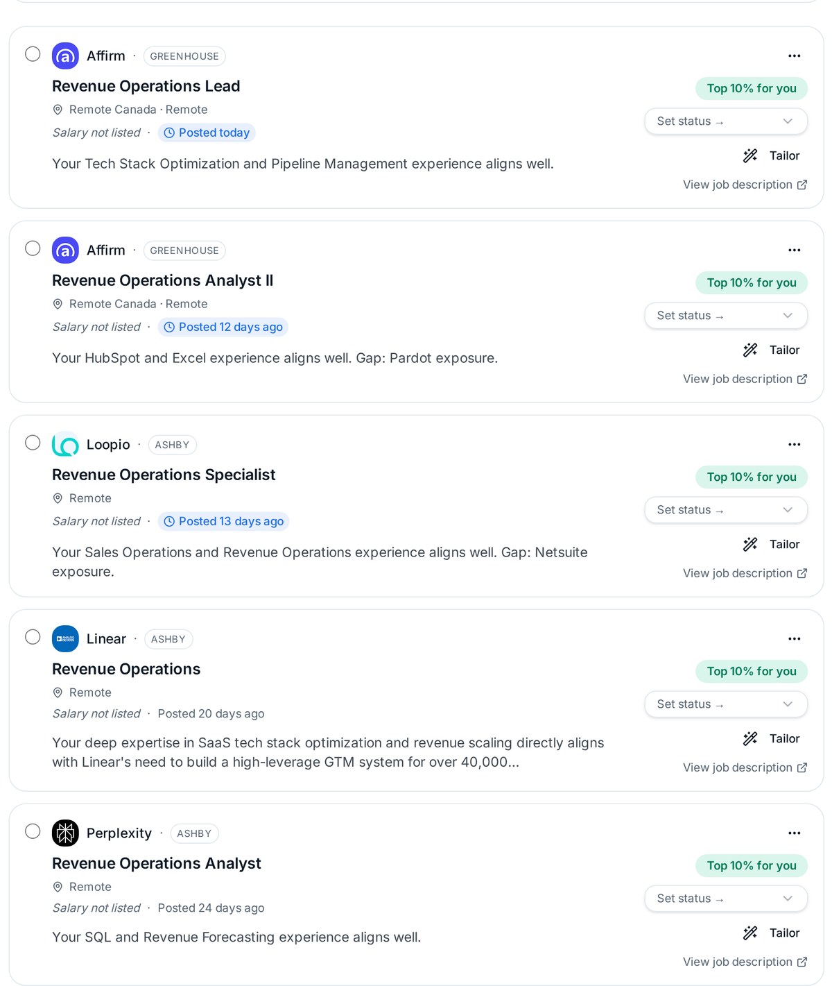 CareerFindr opportunity feed showing Revenue Operations roles at Affirm, Loopio, Linear and Perplexity with match scores out of 100, posted dates and salary not listed