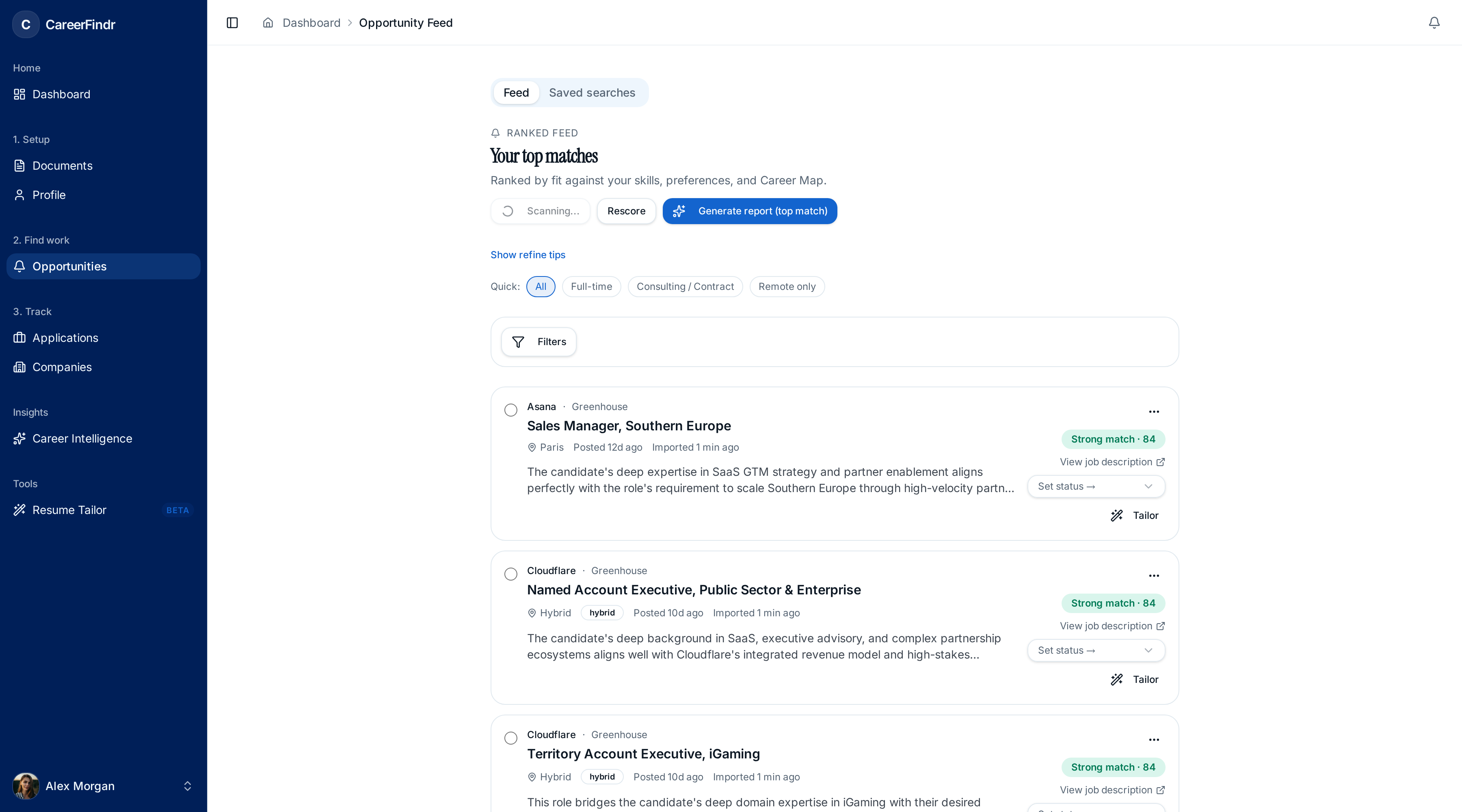 Opportunity Hub dashboard showing curated jobs and consulting roles with match scores