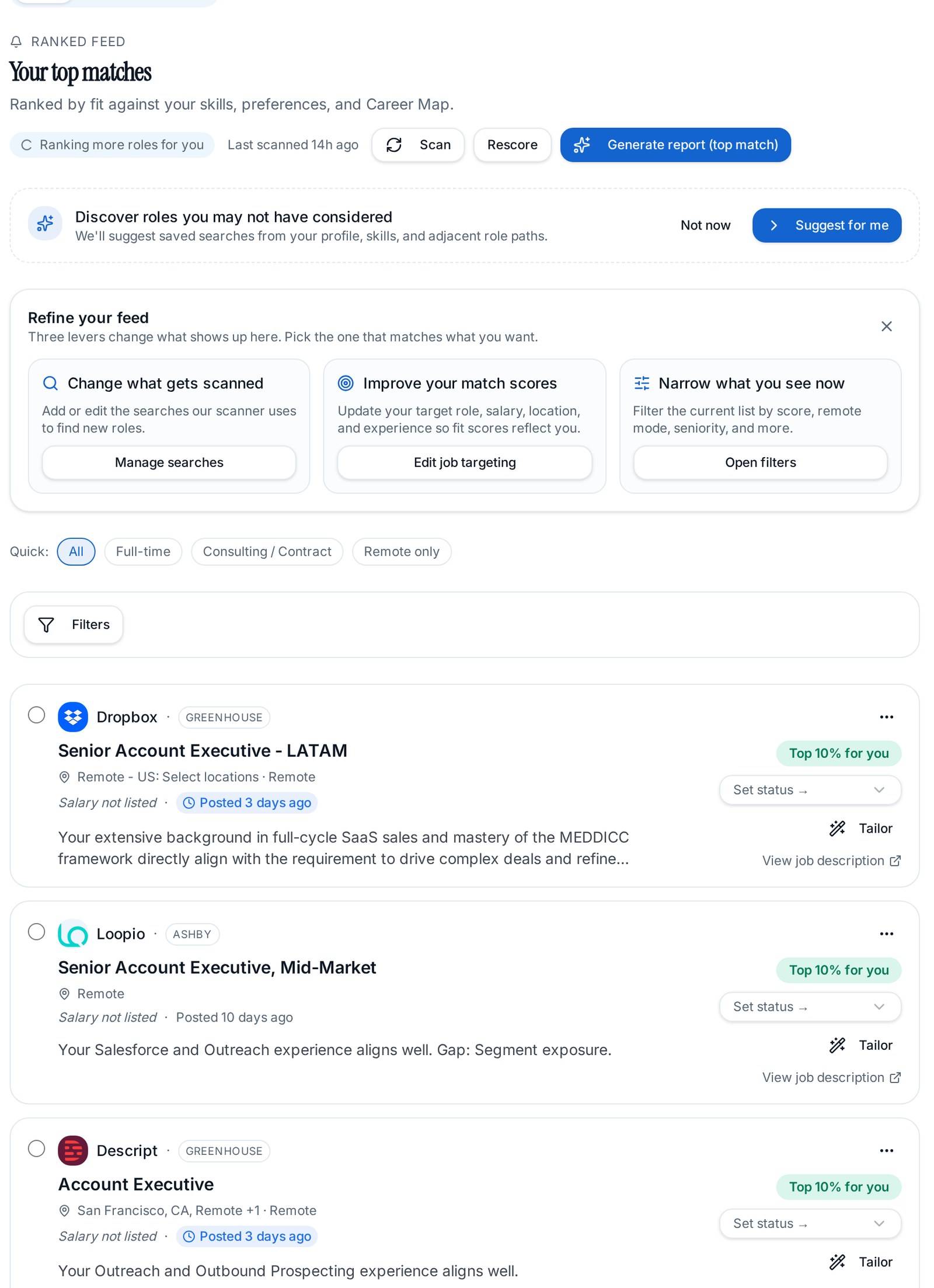 CareerFindr ranked feed showing Account Executive roles at Dropbox, Loopio, Descript and Vanta with match scores out of 100 and salary not listed